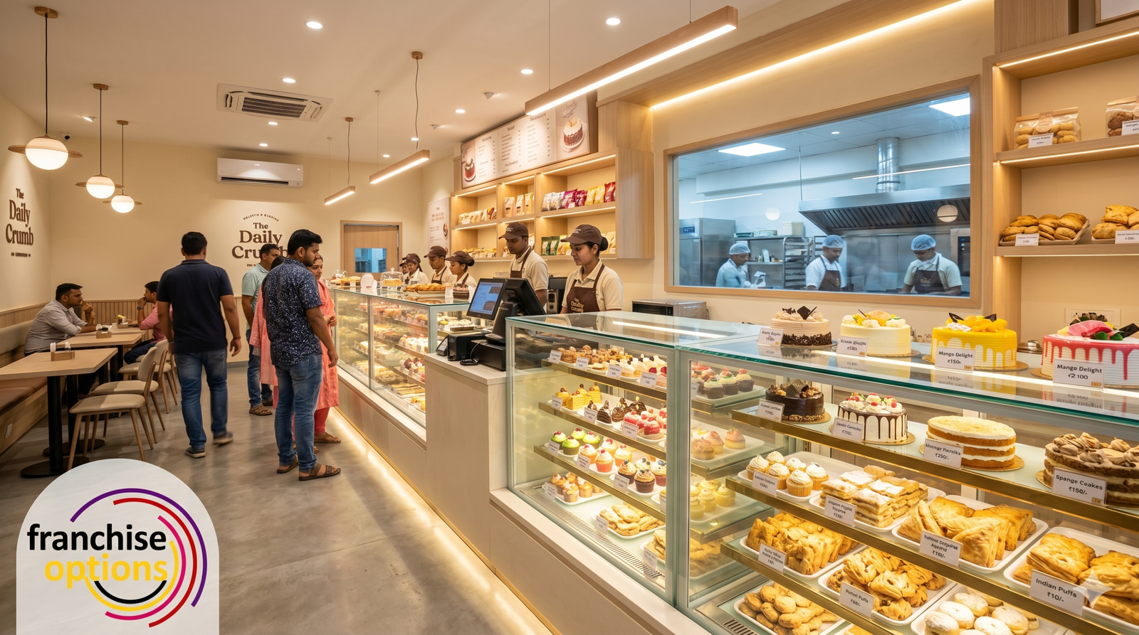 A bustling modern 7th Heaven bakery interior showing fresh cakes in bright glass counters.